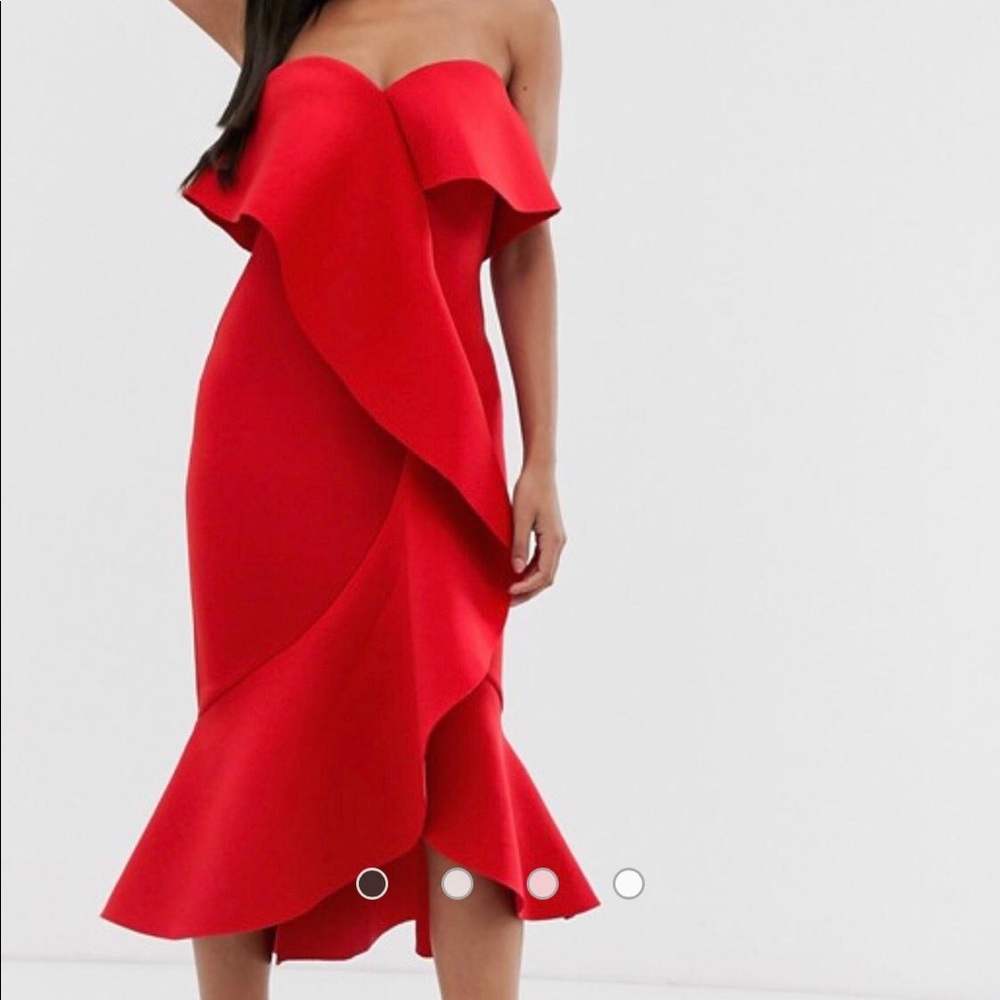 exaggerated frill bandeau scuba midi dress